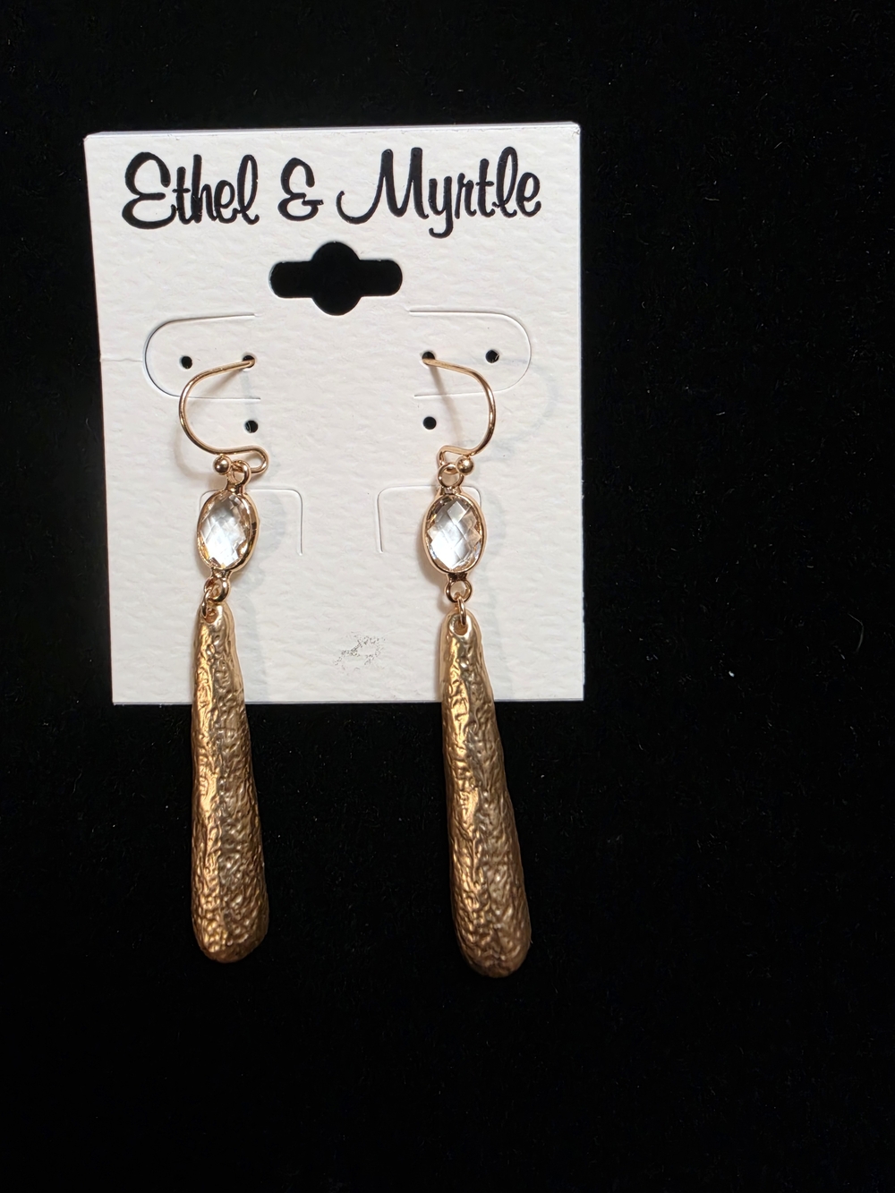 Gold Teardrop Dangle Earrings with Clear Gem